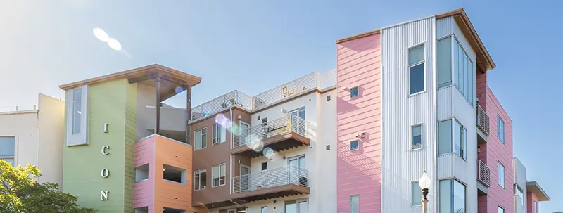 Exterior view of ICON luxury student housing building in Isla Vista, California