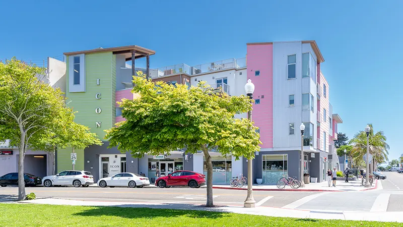 Exterior view of ICON luxury student housing building in Isla Vista, California