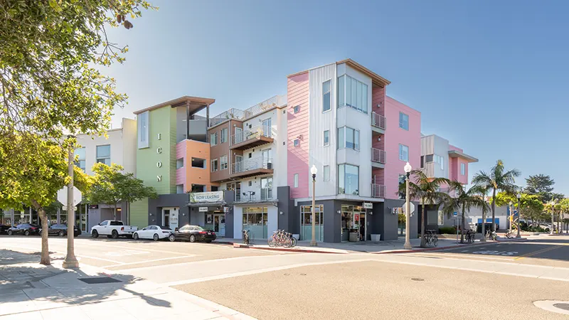 Exterior view of ICON luxury student housing building in Isla Vista, California